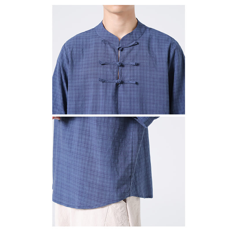 Buddha Stones Frog-Button Plaid Pattern Chinese Tang Suit Half Sleeve Shirt Cotton Linen Men Clothing - image 8