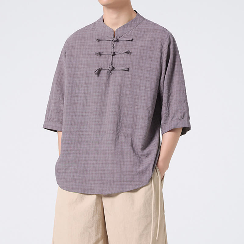 Buddha Stones Frog-Button Plaid Pattern Chinese Tang Suit Half Sleeve Shirt Cotton Linen Men Clothing - image 18