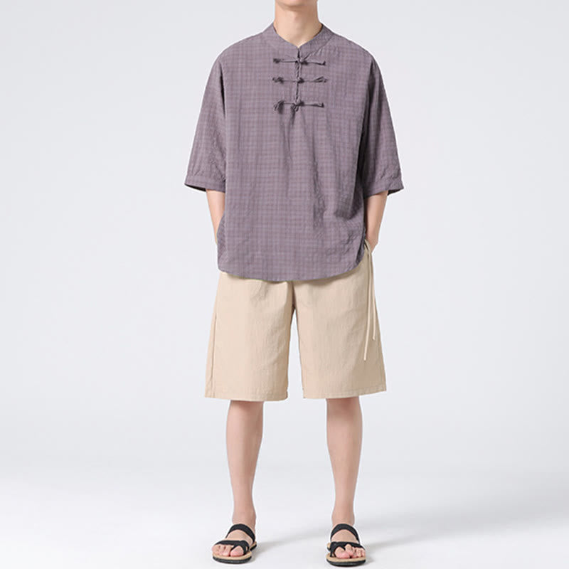 Buddha Stones Frog-Button Plaid Pattern Chinese Tang Suit Half Sleeve Shirt Cotton Linen Men Clothing - image 20