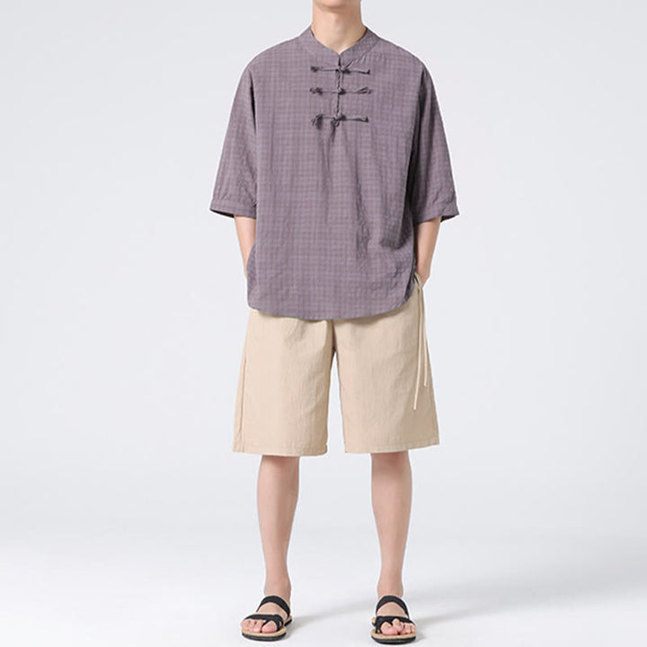 Buddha Stones Frog-Button Plaid Pattern Chinese Tang Suit Half Sleeve Shirt Cotton Linen Men Clothing - image 20
