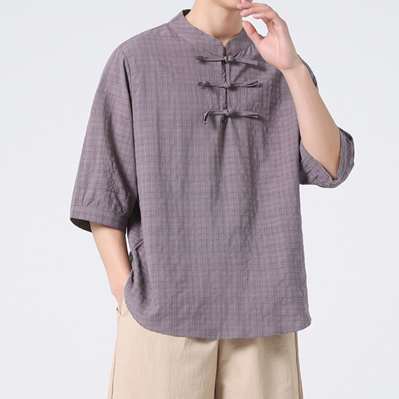 Buddha Stones Frog-Button Plaid Pattern Chinese Tang Suit Half Sleeve Shirt Cotton Linen Men Clothing - image 19