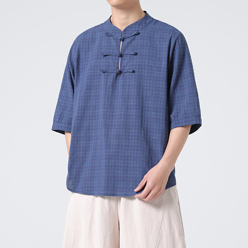 Buddha Stones Frog-Button Plaid Pattern Chinese Tang Suit Half Sleeve Shirt Cotton Linen Men Clothing - image 5
