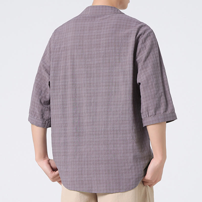 Buddha Stones Frog-Button Plaid Pattern Chinese Tang Suit Half Sleeve Shirt Cotton Linen Men Clothing - image 14