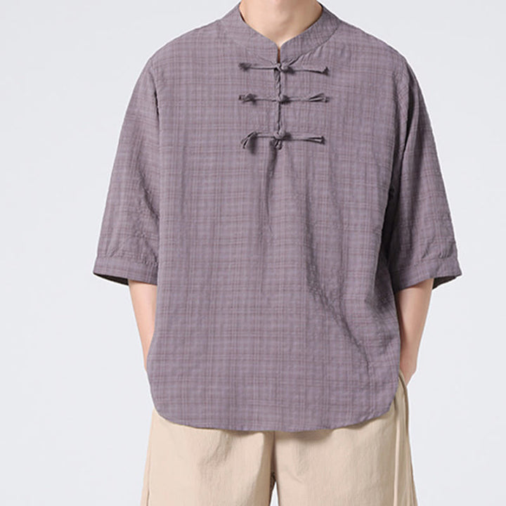 Buddha Stones Frog-Button Plaid Pattern Chinese Tang Suit Half Sleeve Shirt Cotton Linen Men Clothing - RosyBrown - US/UK/AU48，EU58(5XL) - image 12