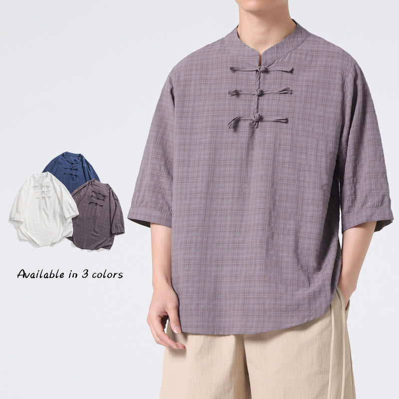 Buddha Stones Frog-Button Plaid Pattern Chinese Tang Suit Half Sleeve Shirt Cotton Linen Men Clothing - image 13