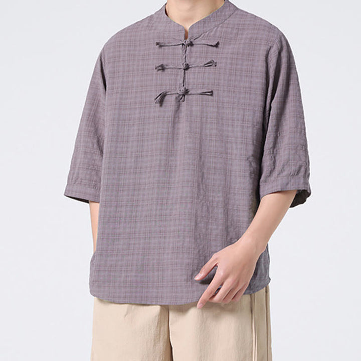 Buddha Stones Frog-Button Plaid Pattern Chinese Tang Suit Half Sleeve Shirt Cotton Linen Men Clothing - image 16