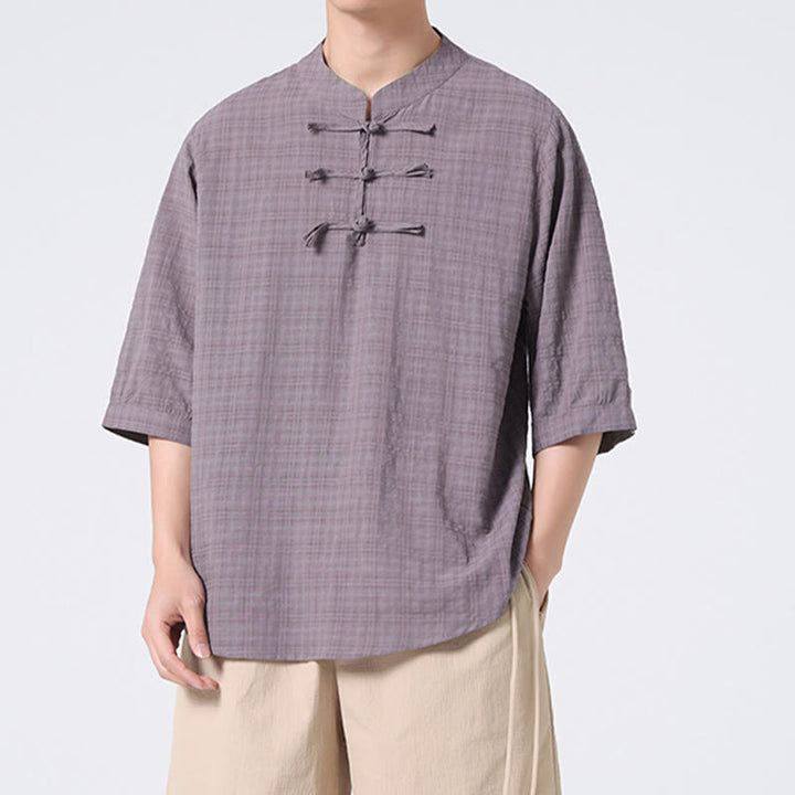 Buddha Stones Frog-Button Plaid Pattern Chinese Tang Suit Half Sleeve Shirt Cotton Linen Men Clothing - image 17