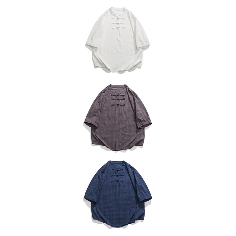 Buddha Stones Frog-Button Plaid Pattern Chinese Tang Suit Half Sleeve Shirt Cotton Linen Men Clothing - image 33