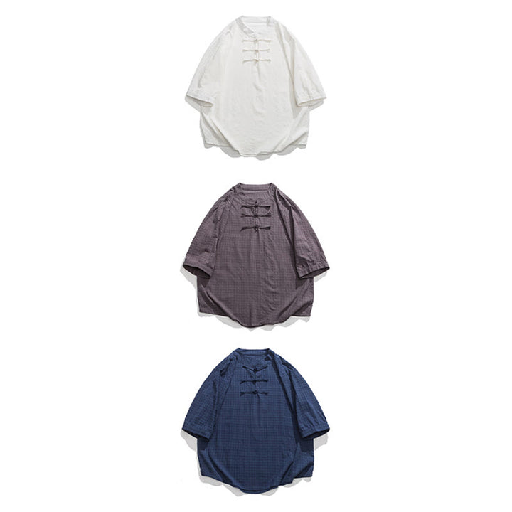 Buddha Stones Frog-Button Plaid Pattern Chinese Tang Suit Half Sleeve Shirt Cotton Linen Men Clothing - image 33