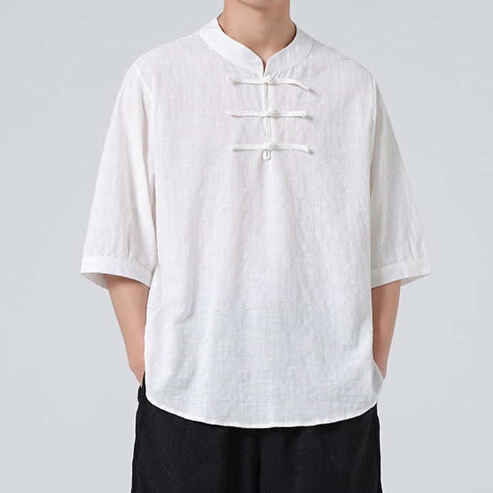 Buddha Stones Frog-Button Plaid Pattern Chinese Tang Suit Half Sleeve Shirt Cotton Linen Men Clothing - image 27