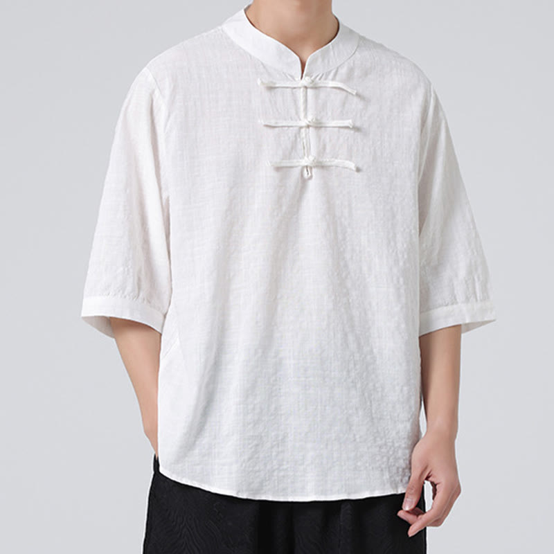 Buddha Stones Frog-Button Plaid Pattern Chinese Tang Suit Half Sleeve Shirt Cotton Linen Men Clothing - image 28