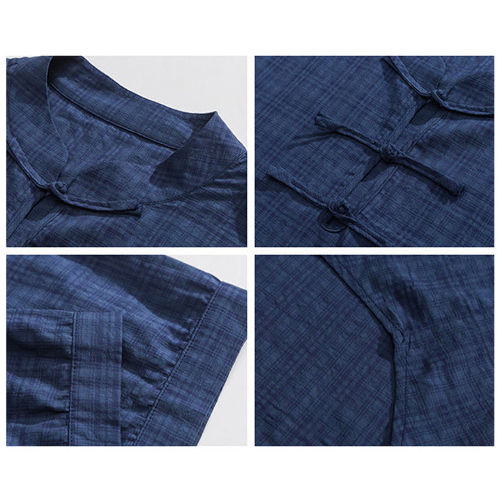 Buddha Stones Frog-Button Plaid Pattern Chinese Tang Suit Half Sleeve Shirt Cotton Linen Men Clothing - image 7
