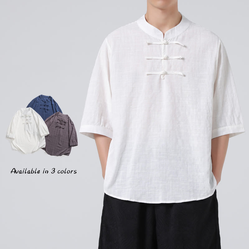 Buddha Stones Frog-Button Plaid Pattern Chinese Tang Suit Half Sleeve Shirt Cotton Linen Men Clothing - image 23