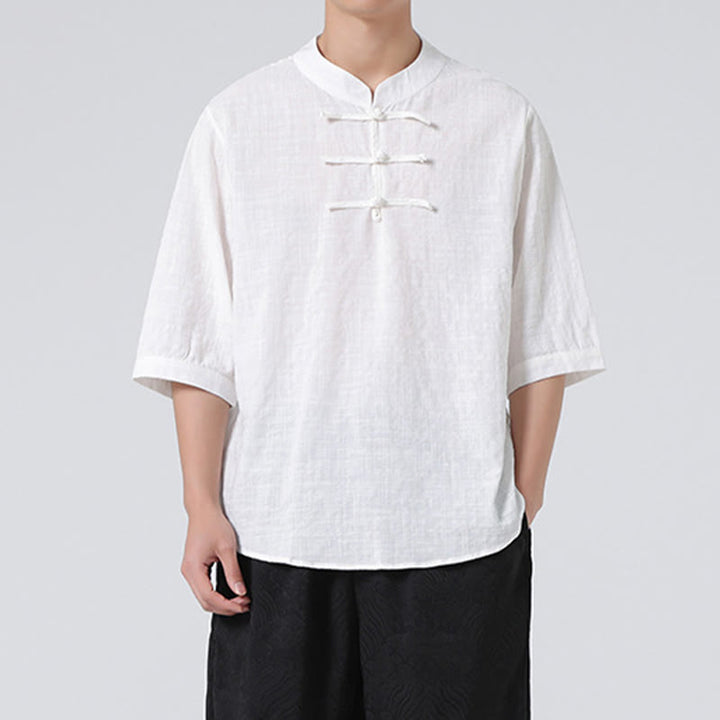 Buddha Stones Frog-Button Plaid Pattern Chinese Tang Suit Half Sleeve Shirt Cotton Linen Men Clothing - image 29