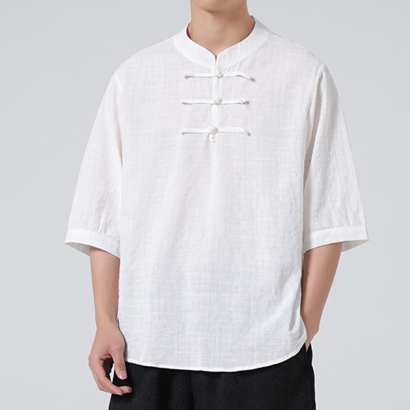 Buddha Stones Frog-Button Plaid Pattern Chinese Tang Suit Half Sleeve Shirt Cotton Linen Men Clothing - White - US/UK/AU48，EU58(5XL) - image 22