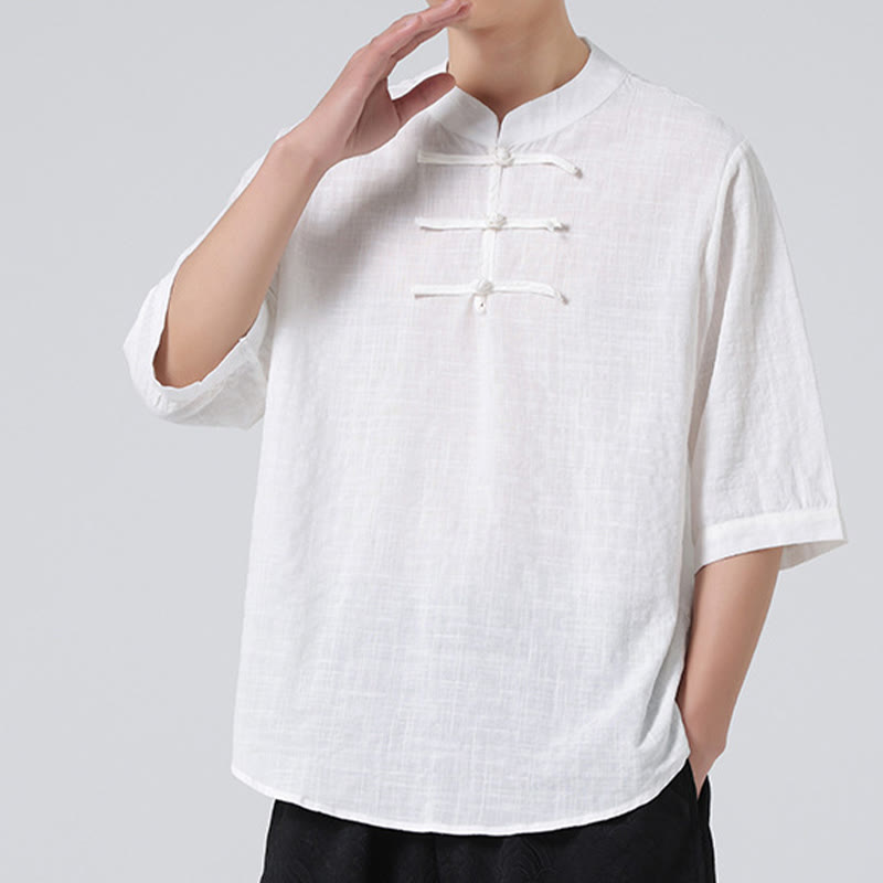 Buddha Stones Frog-Button Plaid Pattern Chinese Tang Suit Half Sleeve Shirt Cotton Linen Men Clothing - image 25
