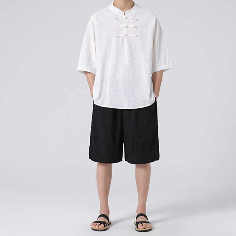 Buddha Stones Frog-Button Plaid Pattern Chinese Tang Suit Half Sleeve Shirt Cotton Linen Men Clothing - image 30
