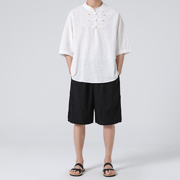 Buddha Stones Frog-Button Plaid Pattern Chinese Tang Suit Half Sleeve Shirt Cotton Linen Men Clothing - image 30