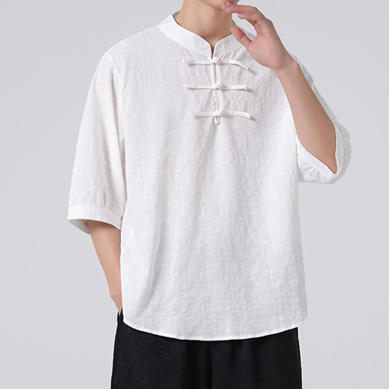 Buddha Stones Frog-Button Plaid Pattern Chinese Tang Suit Half Sleeve Shirt Cotton Linen Men Clothing - image 26