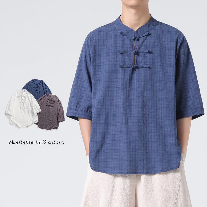 Buddha Stones Frog-Button Plaid Pattern Chinese Tang Suit Half Sleeve Shirt Cotton Linen Men Clothing - LightSteelBlue - US/UK/AU48，EU58(5XL) - image 0