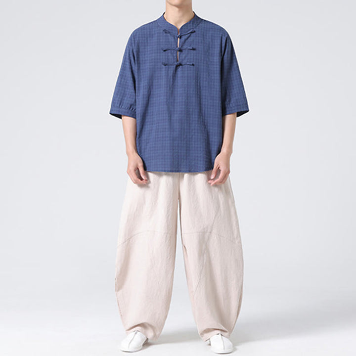 Buddha Stones Frog-Button Plaid Pattern Chinese Tang Suit Half Sleeve Shirt Cotton Linen Men Clothing - image 10