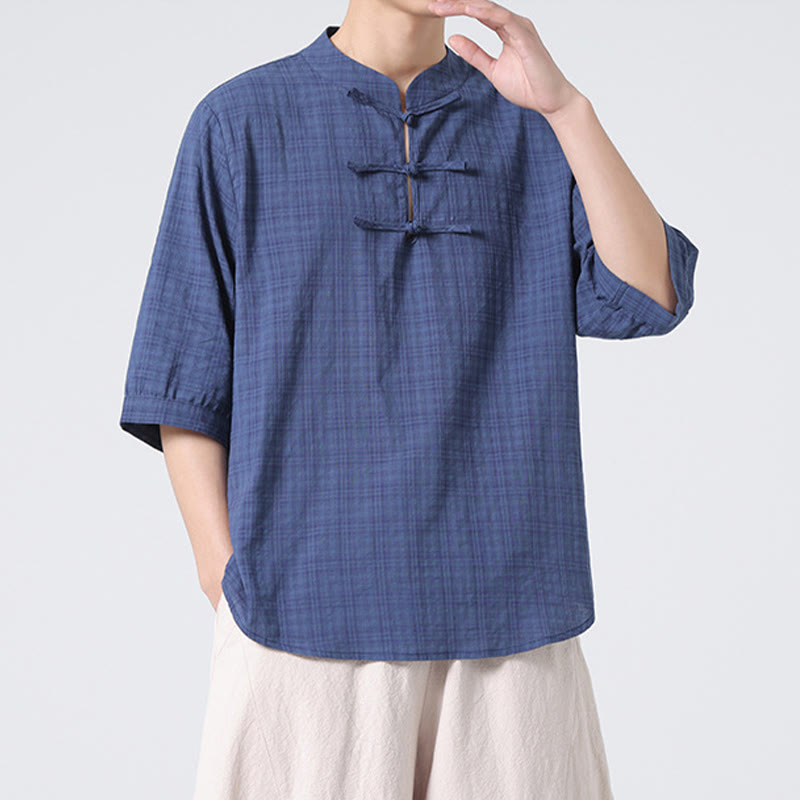Buddha Stones Frog-Button Plaid Pattern Chinese Tang Suit Half Sleeve Shirt Cotton Linen Men Clothing - image 1