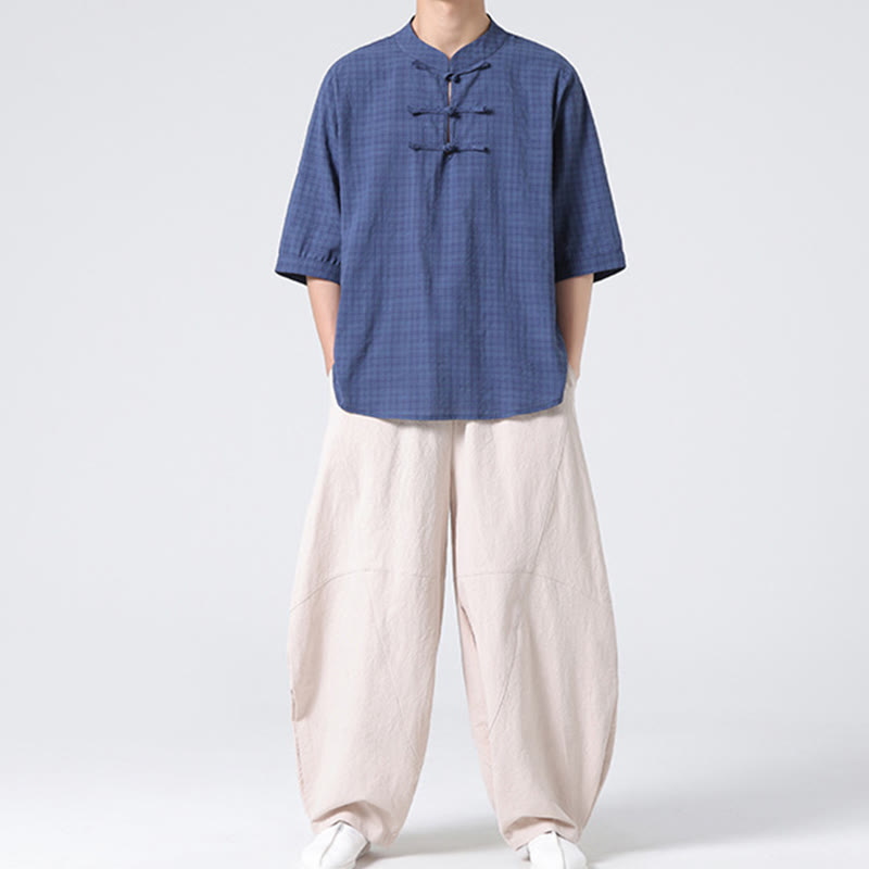 Buddha Stones Frog-Button Plaid Pattern Chinese Tang Suit Half Sleeve Shirt Cotton Linen Men Clothing - image 11