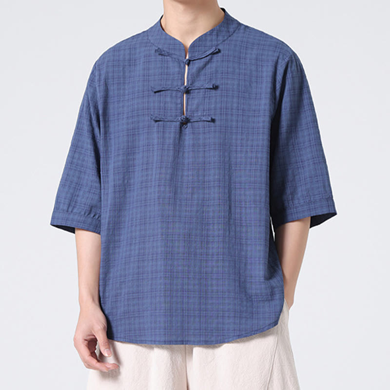 Buddha Stones Frog-Button Plaid Pattern Chinese Tang Suit Half Sleeve Shirt Cotton Linen Men Clothing - image 4