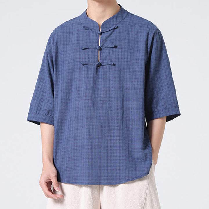 Buddha Stones Frog-Button Plaid Pattern Chinese Tang Suit Half Sleeve Shirt Cotton Linen Men Clothing - image 4