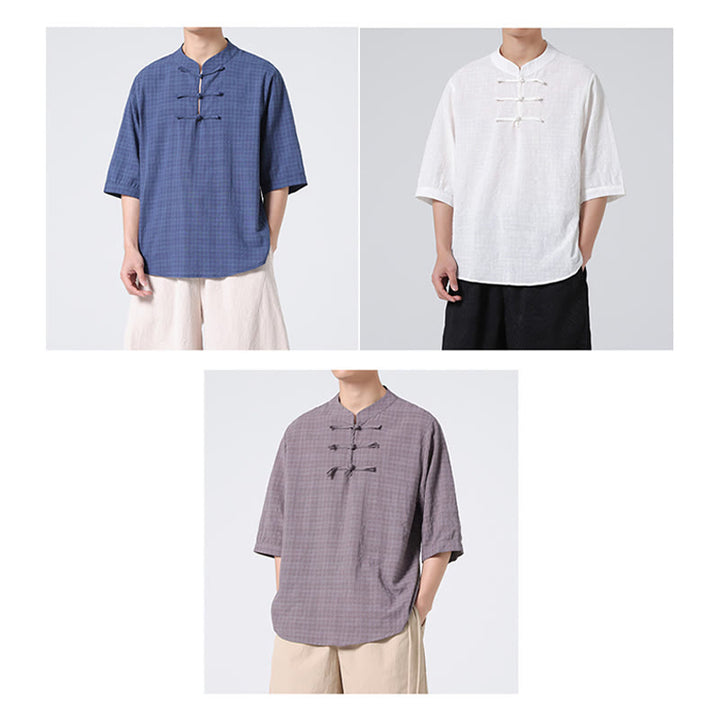 Buddha Stones Frog-Button Plaid Pattern Chinese Tang Suit Half Sleeve Shirt Cotton Linen Men Clothing - image 32