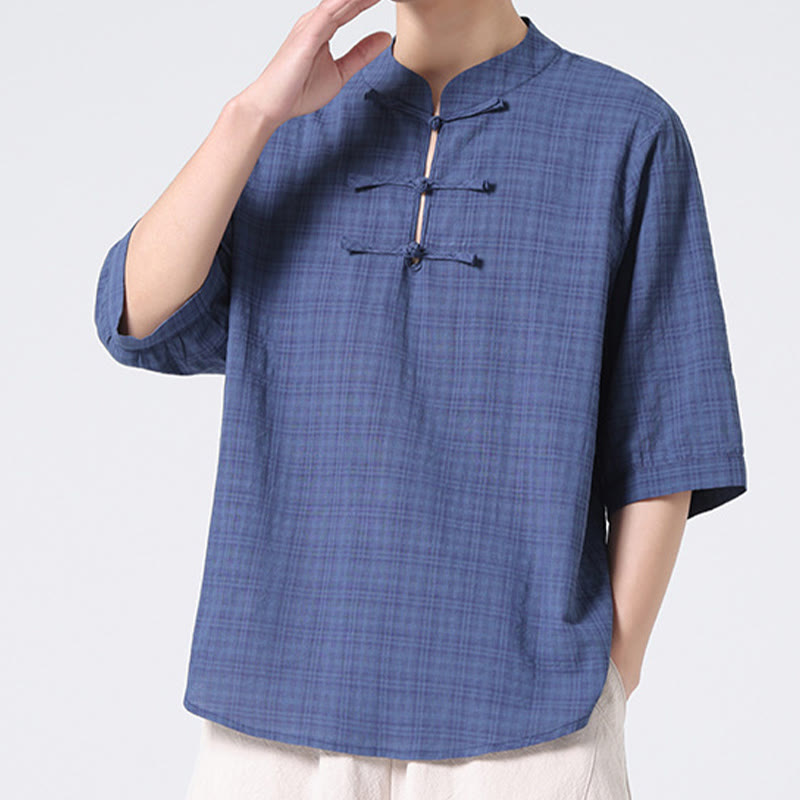 Buddha Stones Frog-Button Plaid Pattern Chinese Tang Suit Half Sleeve Shirt Cotton Linen Men Clothing - image 3