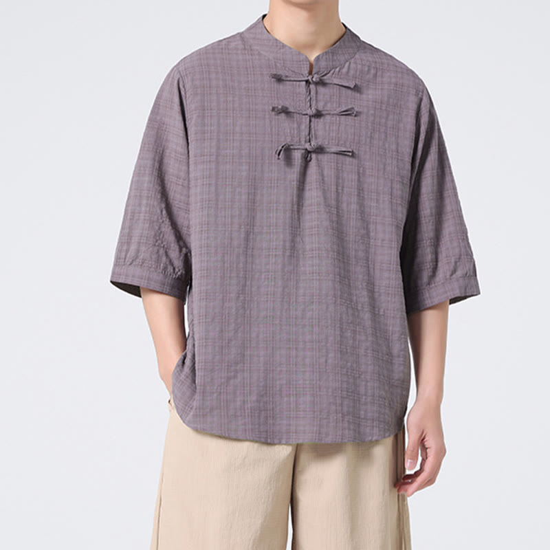 Buddha Stones Frog-Button Plaid Pattern Chinese Tang Suit Half Sleeve Shirt Cotton Linen Men Clothing - image 15