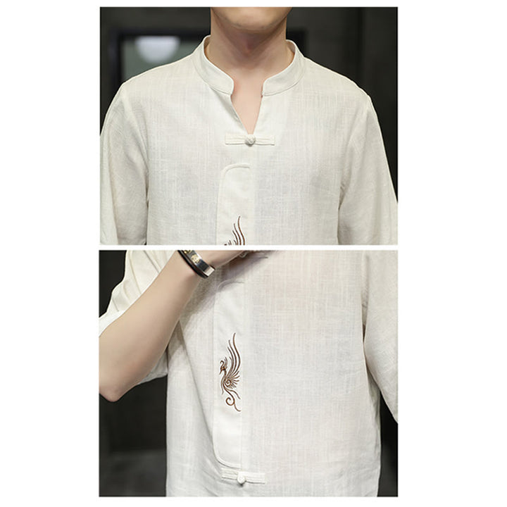 Buddha Stones Frog-Button Phoenix Embroidery Chinese Tang Suit Short Sleeve Shirt Cotton Linen Men Clothing - image 8