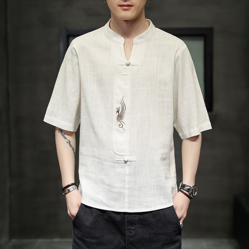 Buddha Stones Frog-Button Phoenix Embroidery Chinese Tang Suit Short Sleeve Shirt Cotton Linen Men Clothing - image 1