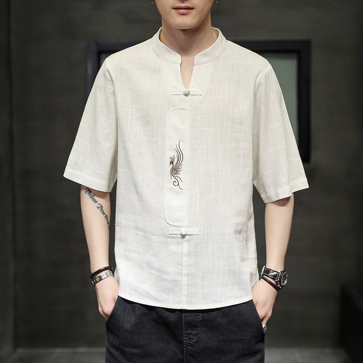 Buddha Stones Frog-Button Phoenix Embroidery Chinese Tang Suit Short Sleeve Shirt Cotton Linen Men Clothing - image 1
