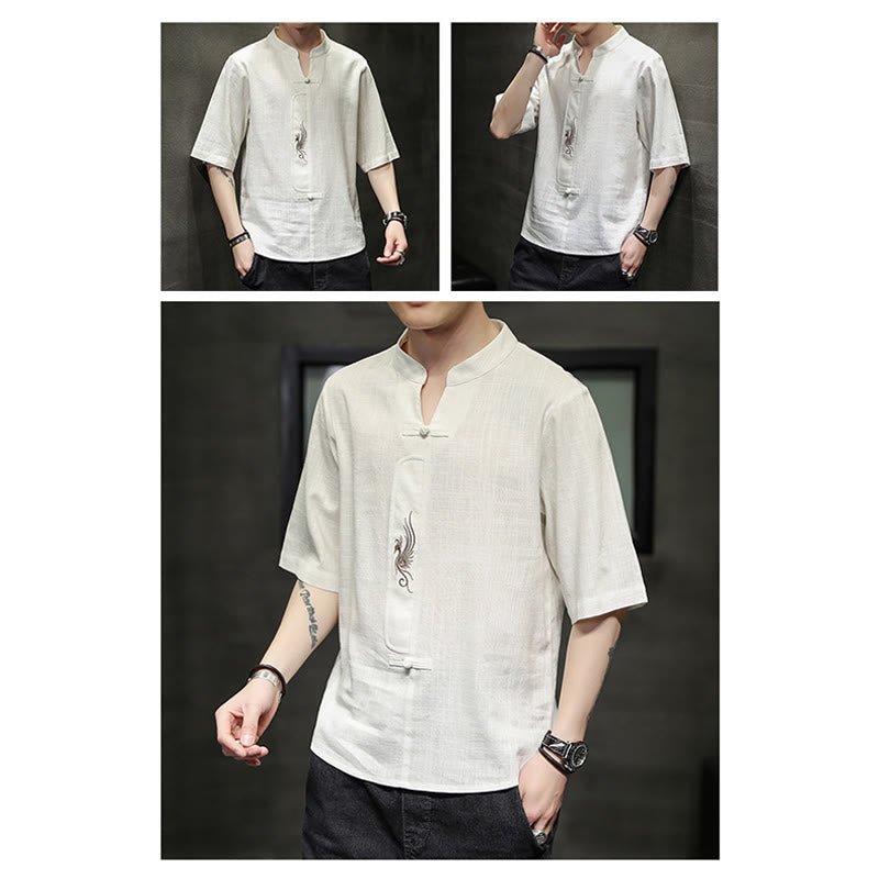 Buddha Stones Frog-Button Phoenix Embroidery Chinese Tang Suit Short Sleeve Shirt Cotton Linen Men Clothing - image 9