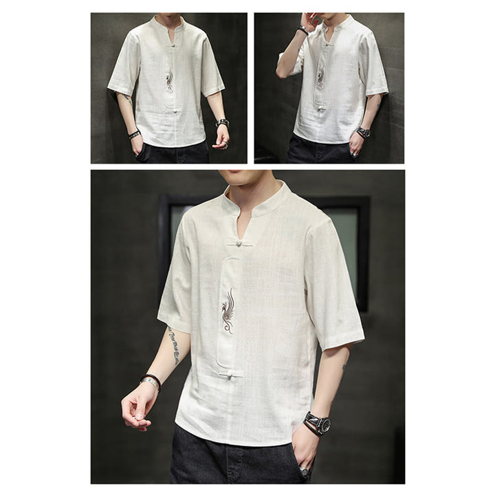 Buddha Stones Frog-Button Phoenix Embroidery Chinese Tang Suit Short Sleeve Shirt Cotton Linen Men Clothing - image 9