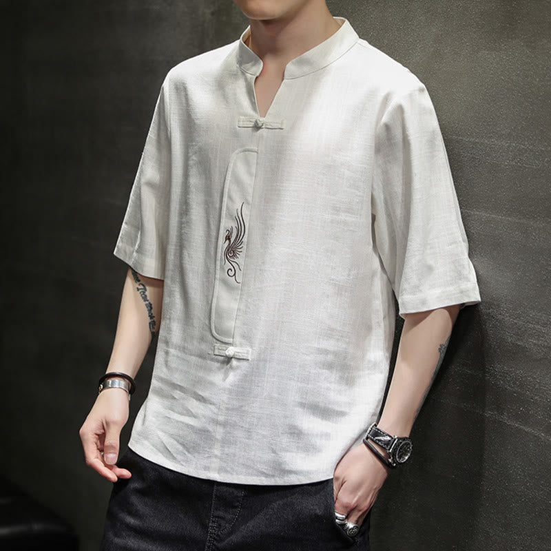 Buddha Stones Frog-Button Phoenix Embroidery Chinese Tang Suit Short Sleeve Shirt Cotton Linen Men Clothing - image 3