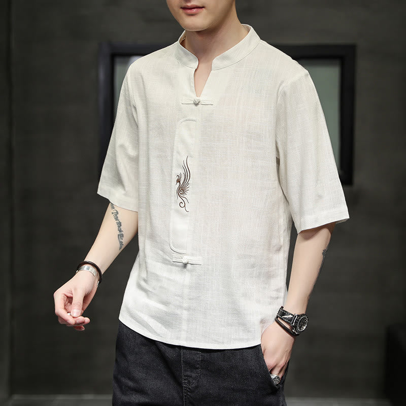 Buddha Stones Frog-Button Phoenix Embroidery Chinese Tang Suit Short Sleeve Shirt Cotton Linen Men Clothing - image 6