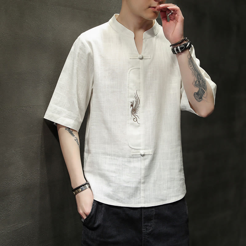 Buddha Stones Frog-Button Phoenix Embroidery Chinese Tang Suit Short Sleeve Shirt Cotton Linen Men Clothing - image 4
