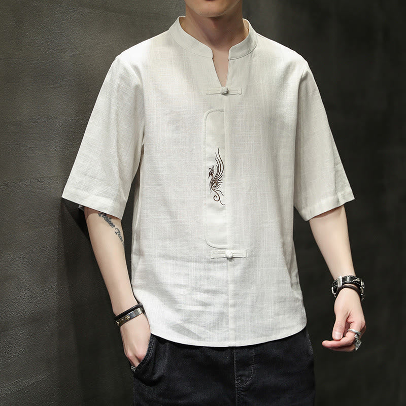 Buddha Stones Frog-Button Phoenix Embroidery Chinese Tang Suit Short Sleeve Shirt Cotton Linen Men Clothing - Snow - US/UK/AU46，EU56 (5XL) - image 0