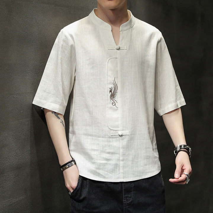 Buddha Stones Frog-Button Phoenix Embroidery Chinese Tang Suit Short Sleeve Shirt Cotton Linen Men Clothing - Snow - US/UK/AU46，EU56 (5XL) - image 0