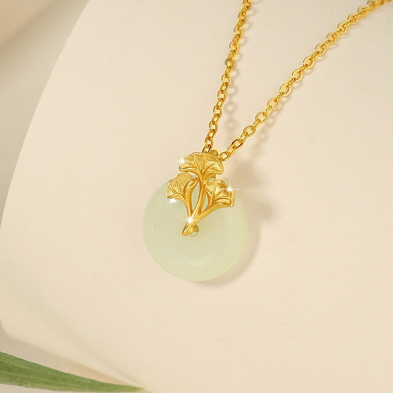Buddha Stones 925 Sterling Silver Hetian Jade Ginkgo Leaves Prosperity Necklace Pendant - image 1