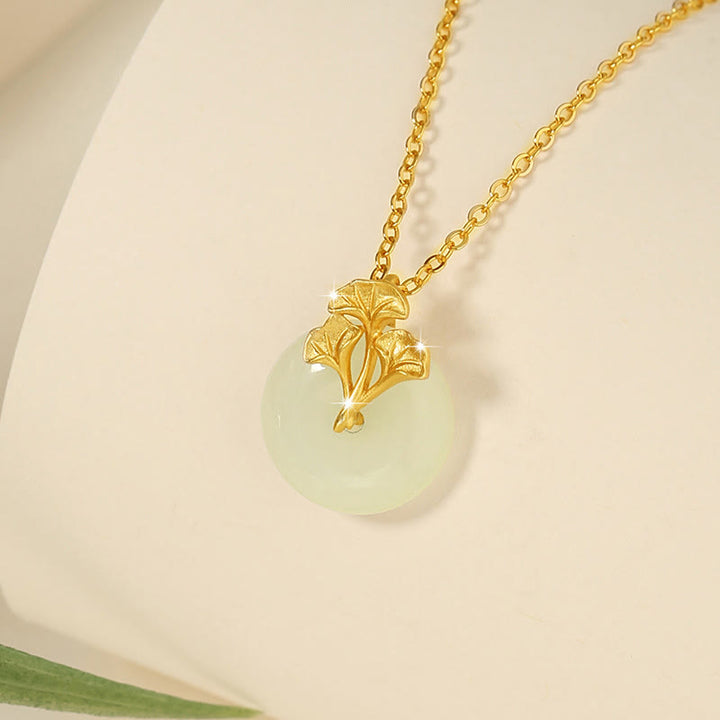 Buddha Stones 925 Sterling Silver Hetian Jade Ginkgo Leaves Prosperity Necklace Pendant - image 1
