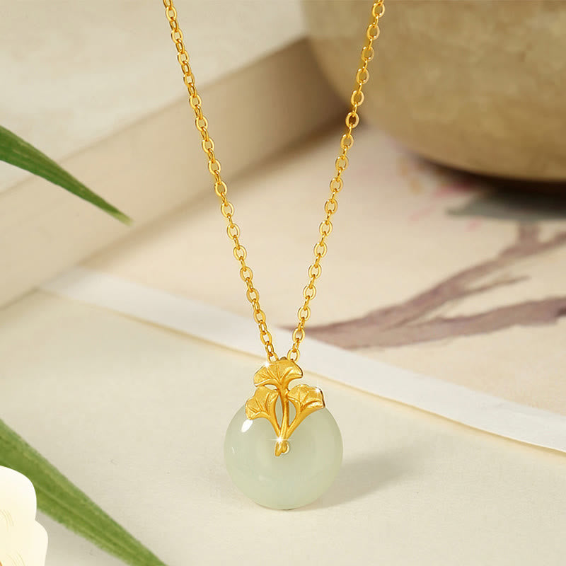 Buddha Stones 925 Sterling Silver Hetian Jade Ginkgo Leaves Prosperity Necklace Pendant - Hetian Jade - image 0