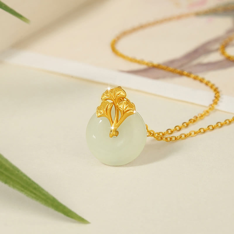 Buddha Stones 925 Sterling Silver Hetian Jade Ginkgo Leaves Prosperity Necklace Pendant - image 2
