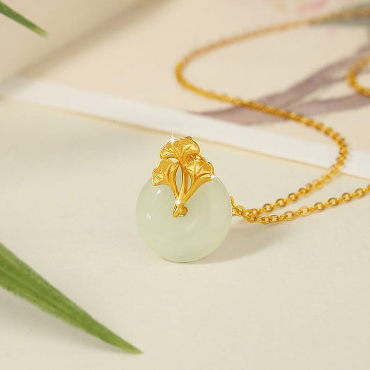Buddha Stones 925 Sterling Silver Hetian Jade Ginkgo Leaves Prosperity Necklace Pendant - image 2