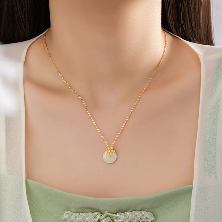 Buddha Stones 925 Sterling Silver Hetian Jade Ginkgo Leaves Prosperity Necklace Pendant - image 4