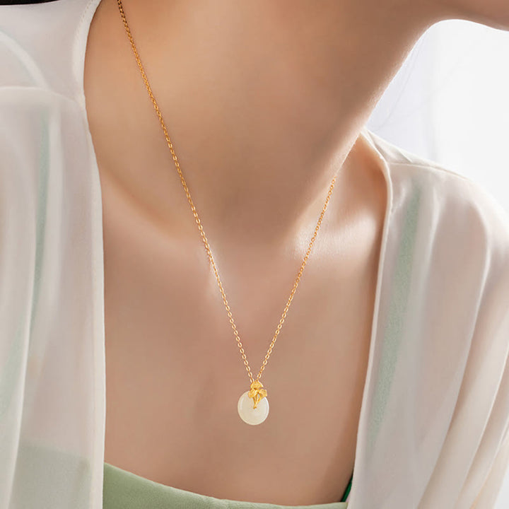 Buddha Stones 925 Sterling Silver Hetian Jade Ginkgo Leaves Prosperity Necklace Pendant - image 7