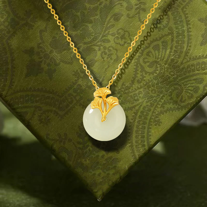 Buddha Stones 925 Sterling Silver Hetian Jade Ginkgo Leaves Prosperity Necklace Pendant - image 3
